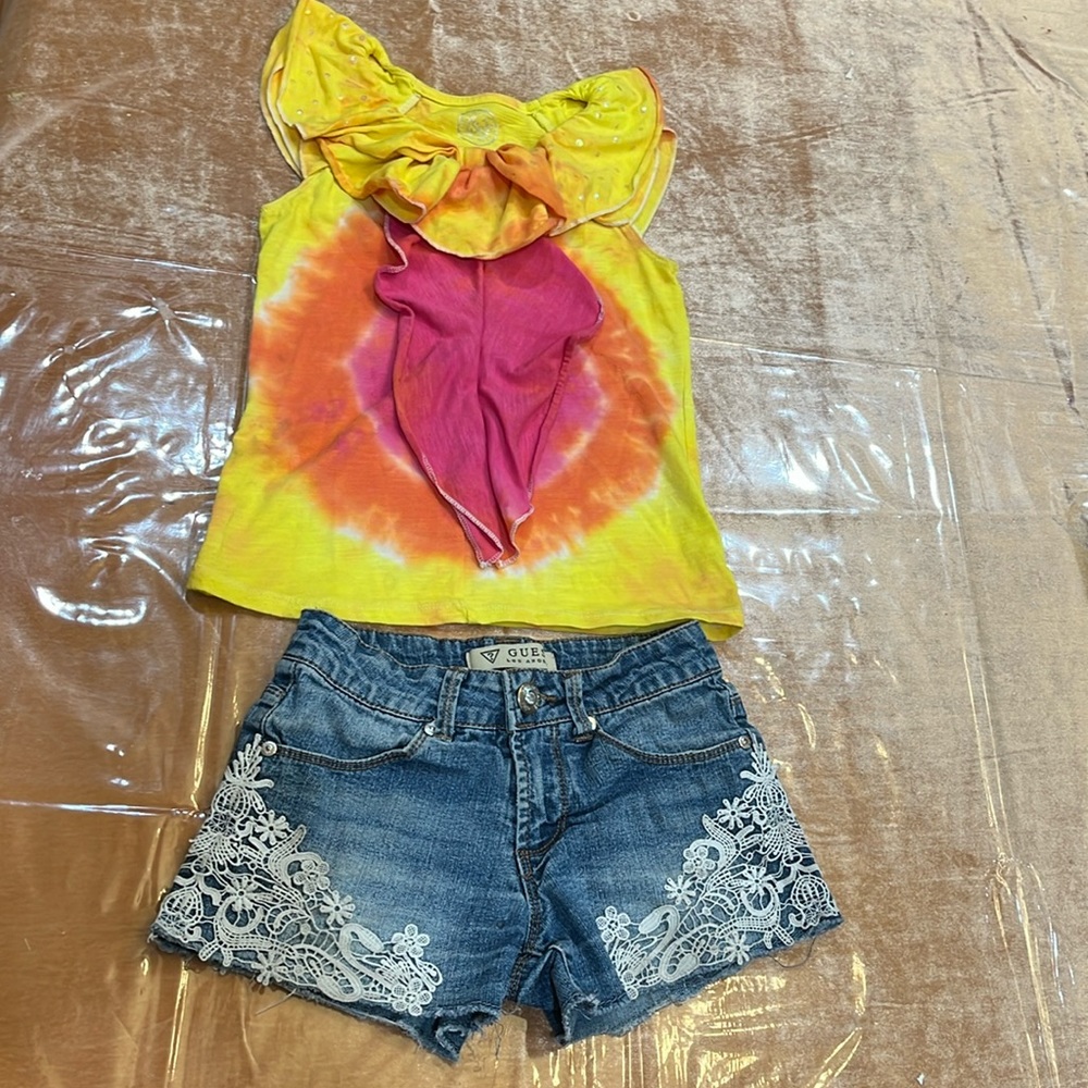 Girls Jean shorts and tie dye top, size 8, minimal wear